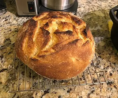 Bread: Loaf of sourdough bread cooling